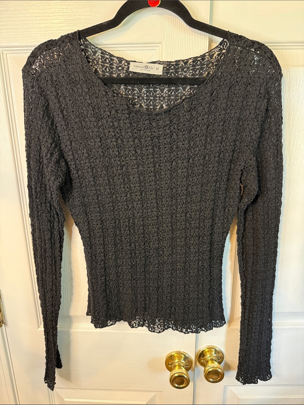 NATURAL LIFE Black Crochet Scoop Neck Long Sleeve Top